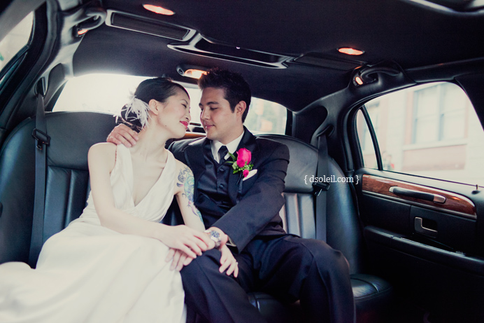Photos in the wedding limo as we drive around Yaletown