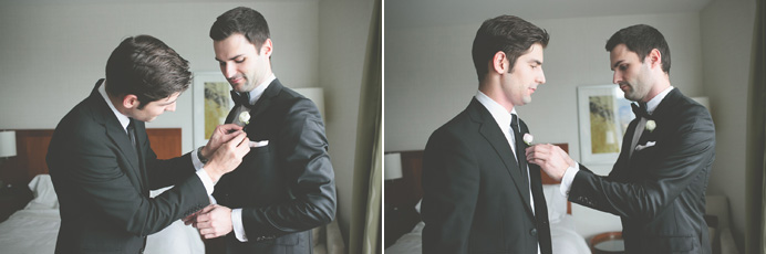 Groom getting ready at the Westin Bayshore Hotel Tea House in Stanley Park Wedding on New Years Day | Linnie + Nico