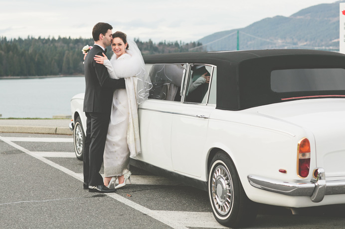 White rolls royce limo rental Vancouver Tea House in Stanley Park Wedding on New Years Day | Linnie + Nico