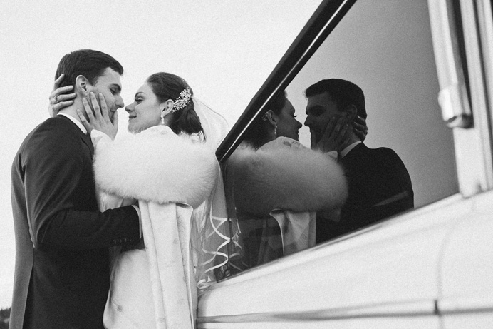 White rolls royce limo rental Vancouver Tea House in Stanley Park Wedding on New Years Day | Linnie + Nico